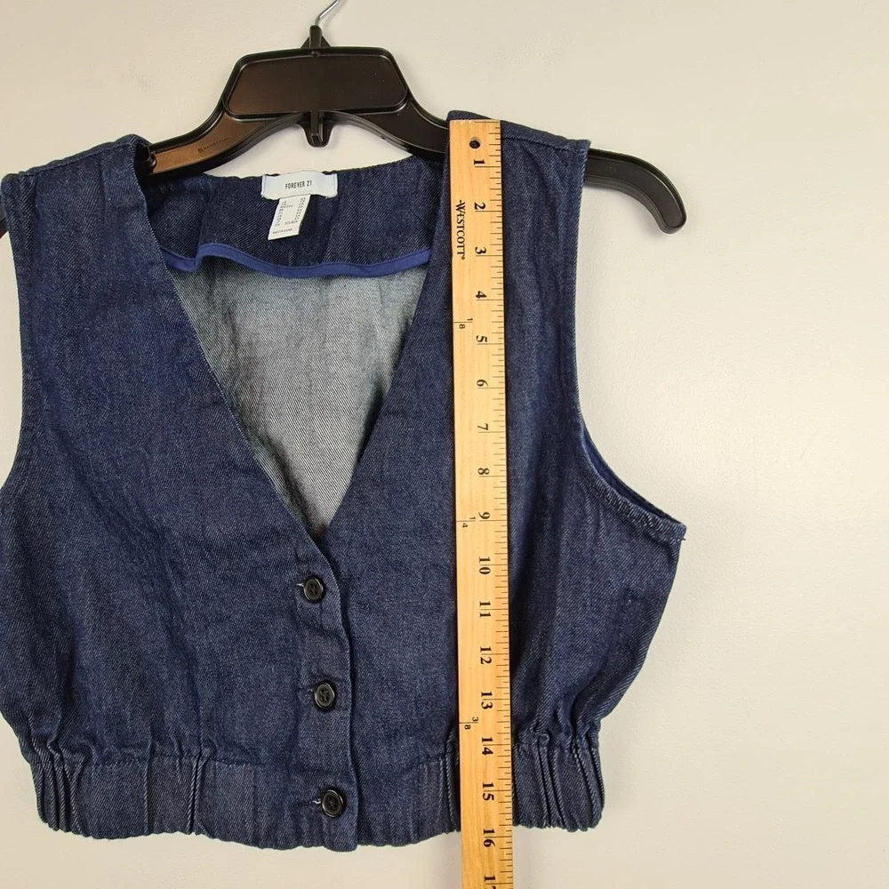 Forever 21 Women's Denim Vest Cropped Fitted Dark Wash XS Elastic Waist Buttons - Picture 5 of 7